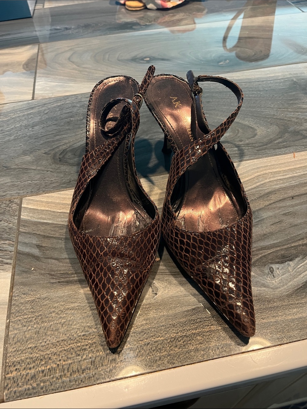 Anne Klein Dark Brown Croc-Embossed Leather Sandals with Ankle Strap